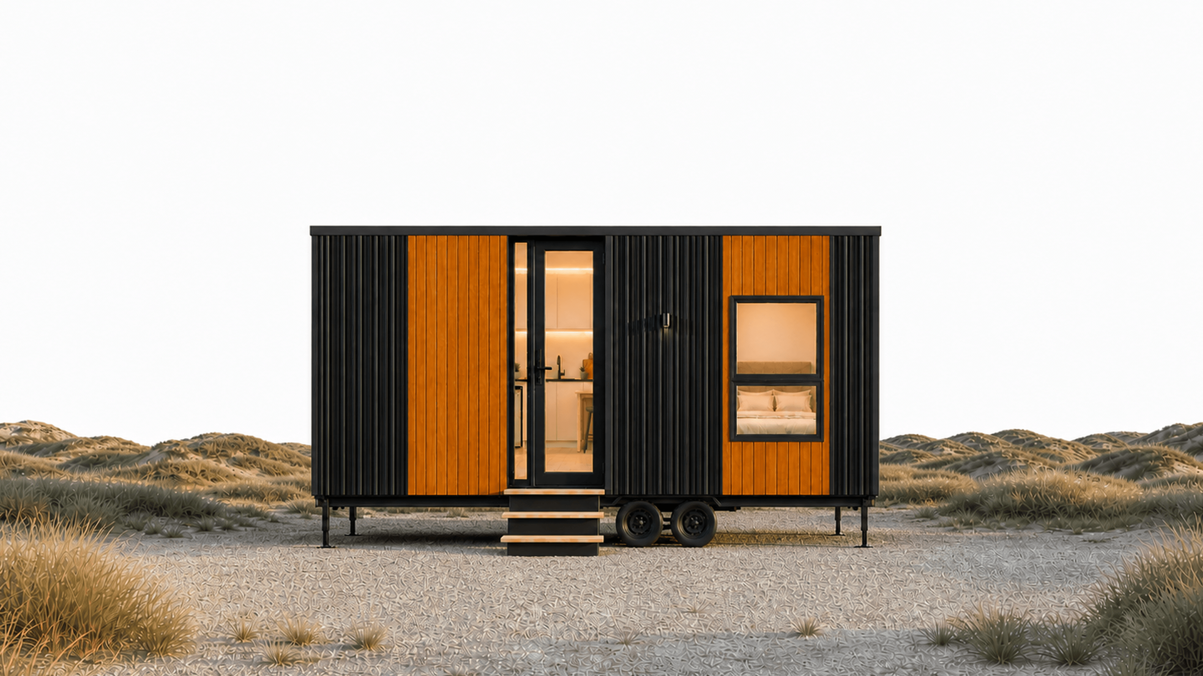 Front-facing TDU tiny home in a coastal landscape