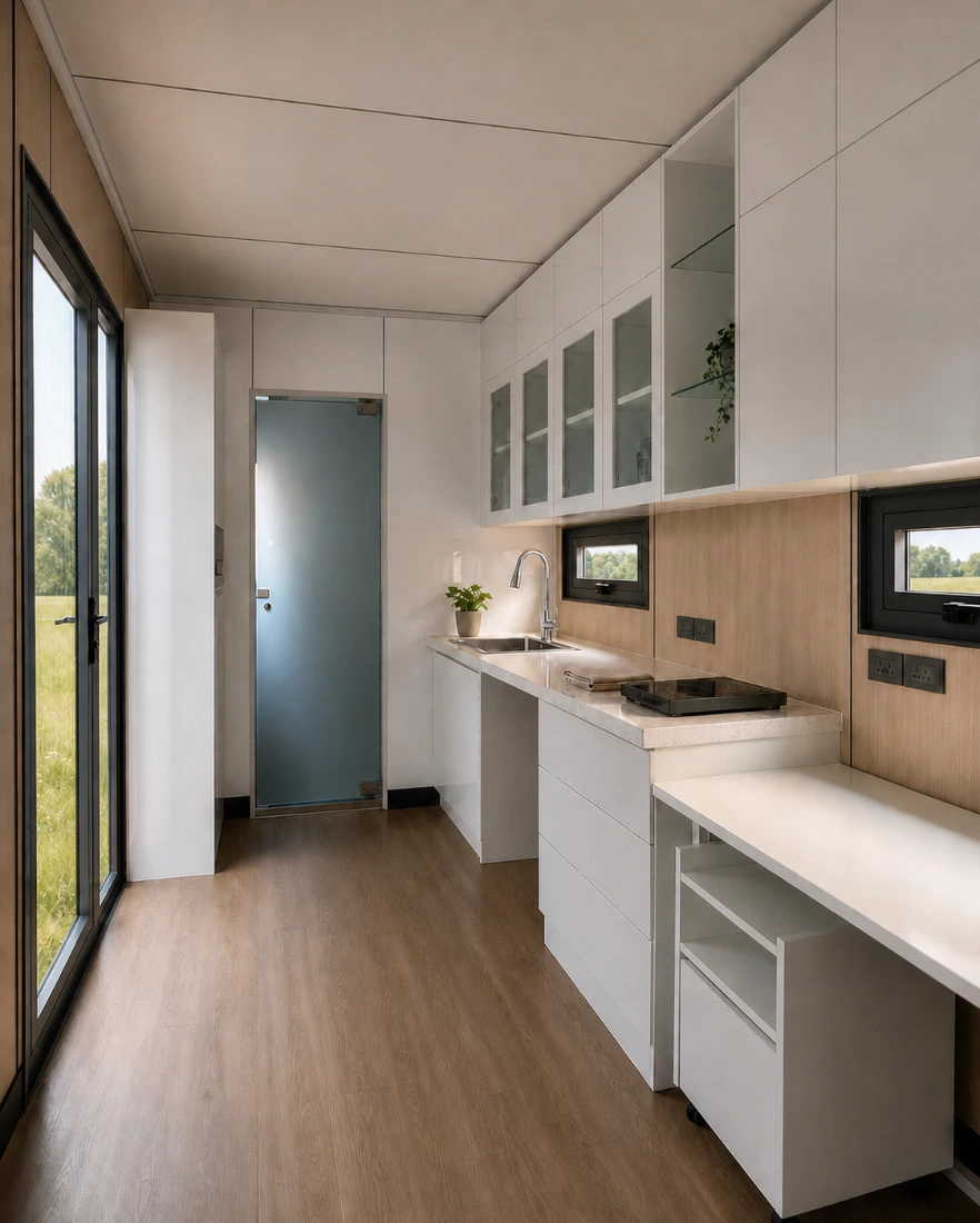 Ember interior: galley kitchen along the right wall with white overhead cabinets, timber splashback, stone benchtop, sink and induction cooktop, a long desk beside it, timber floor and a full-height glass door onto grass at the far end.