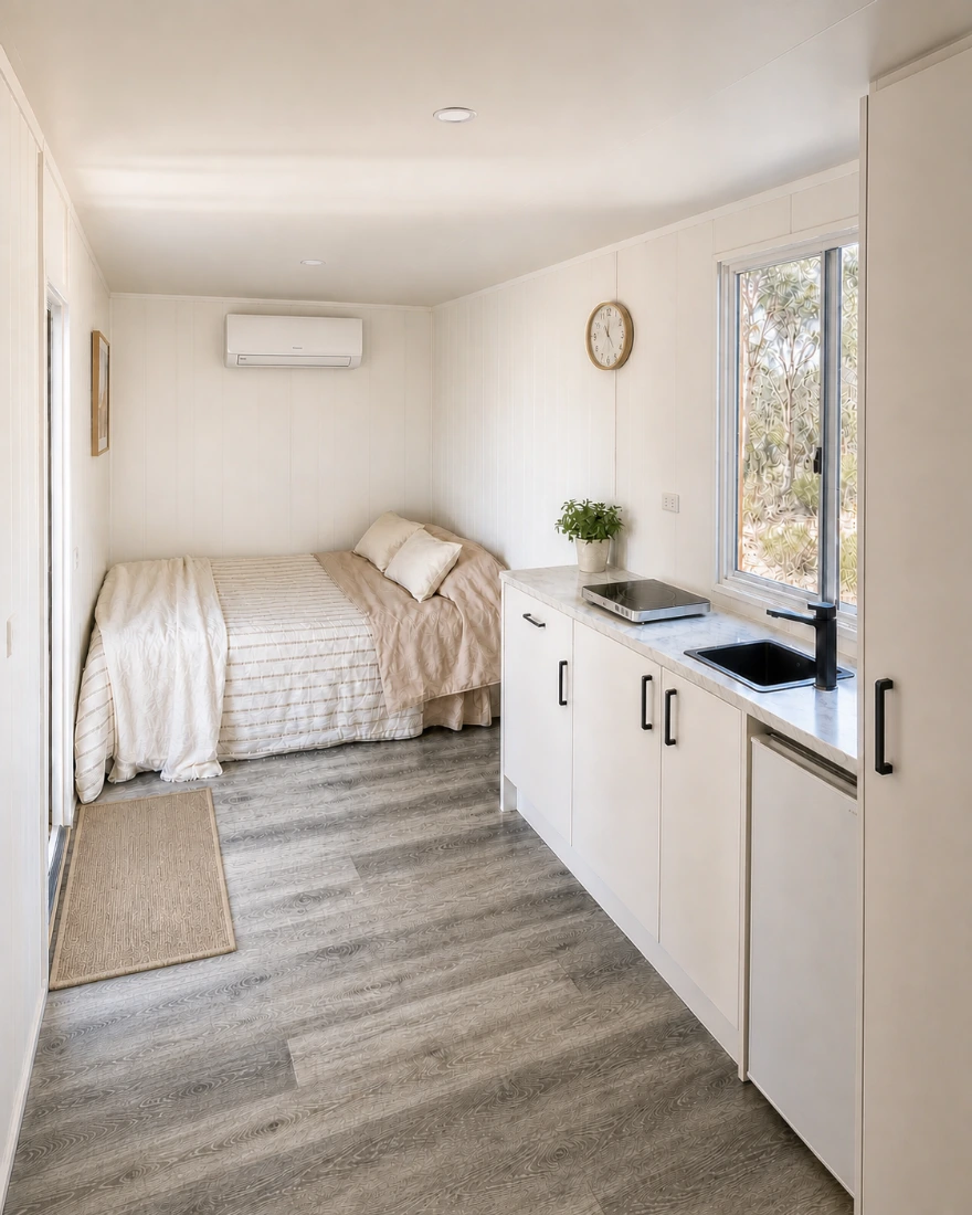 Onyx interior looking down the length of the pod: queen bed against the far wall with a split-system air conditioner above it, and a white kitchenette with stone benchtop, induction cooktop, black sink and under-bench fridge along the right wall.