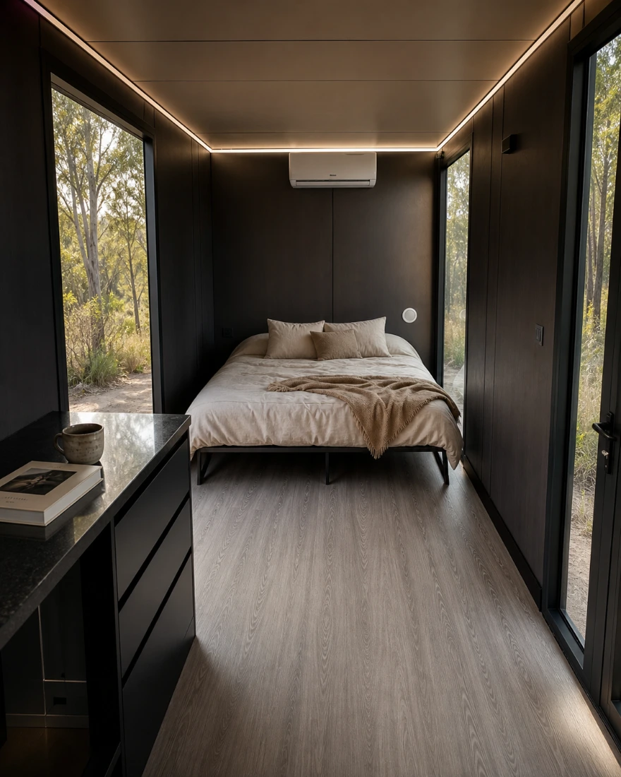 Slate interior: queen bed on a black frame against dark timber-lined walls, warm cove lighting at the ceiling, a stone-topped bench and drawers to the left, and full-height glazing onto bushland on both sides.