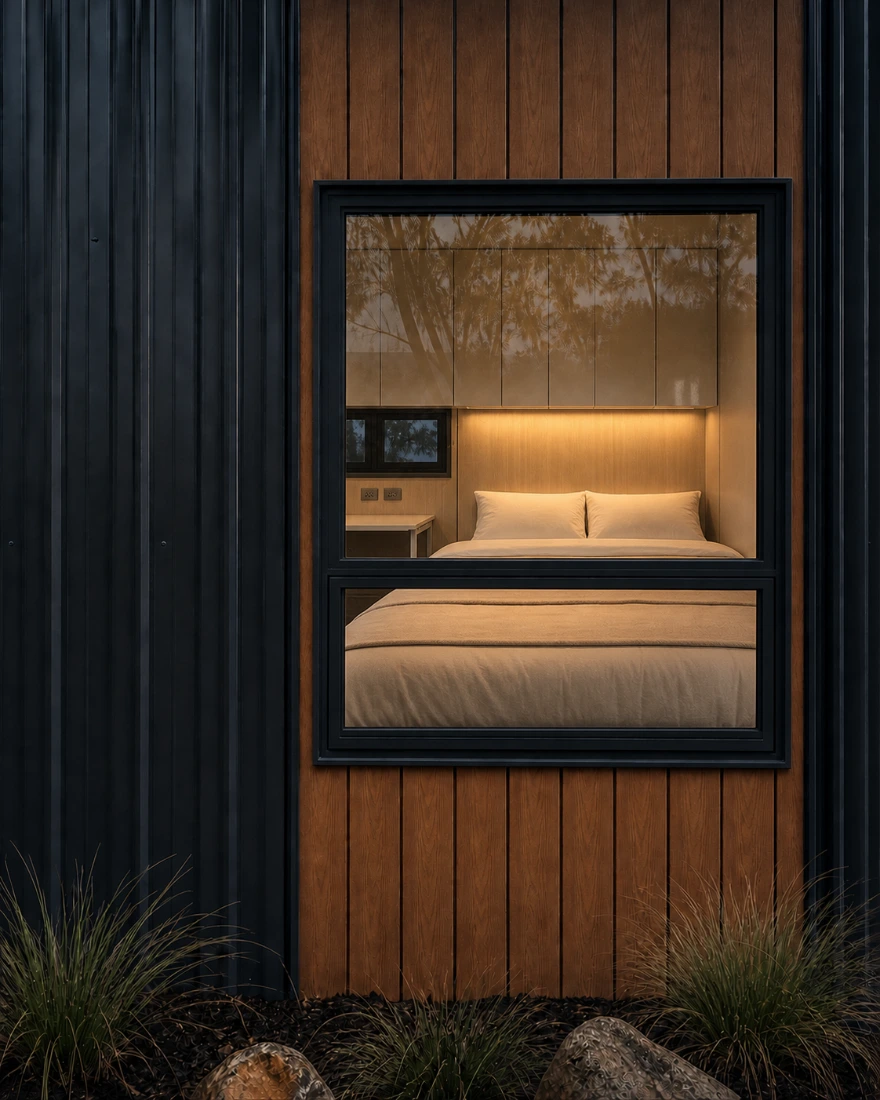 Ember exterior — timber and steel cladding around a lit bedroom window at dusk