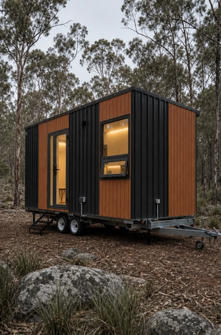 Ember exterior — black and timber cladding on trailer in bushland