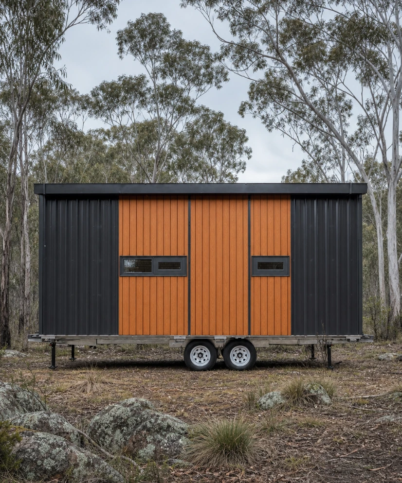 Ember exterior — side elevation on trailer, black and timber cladding