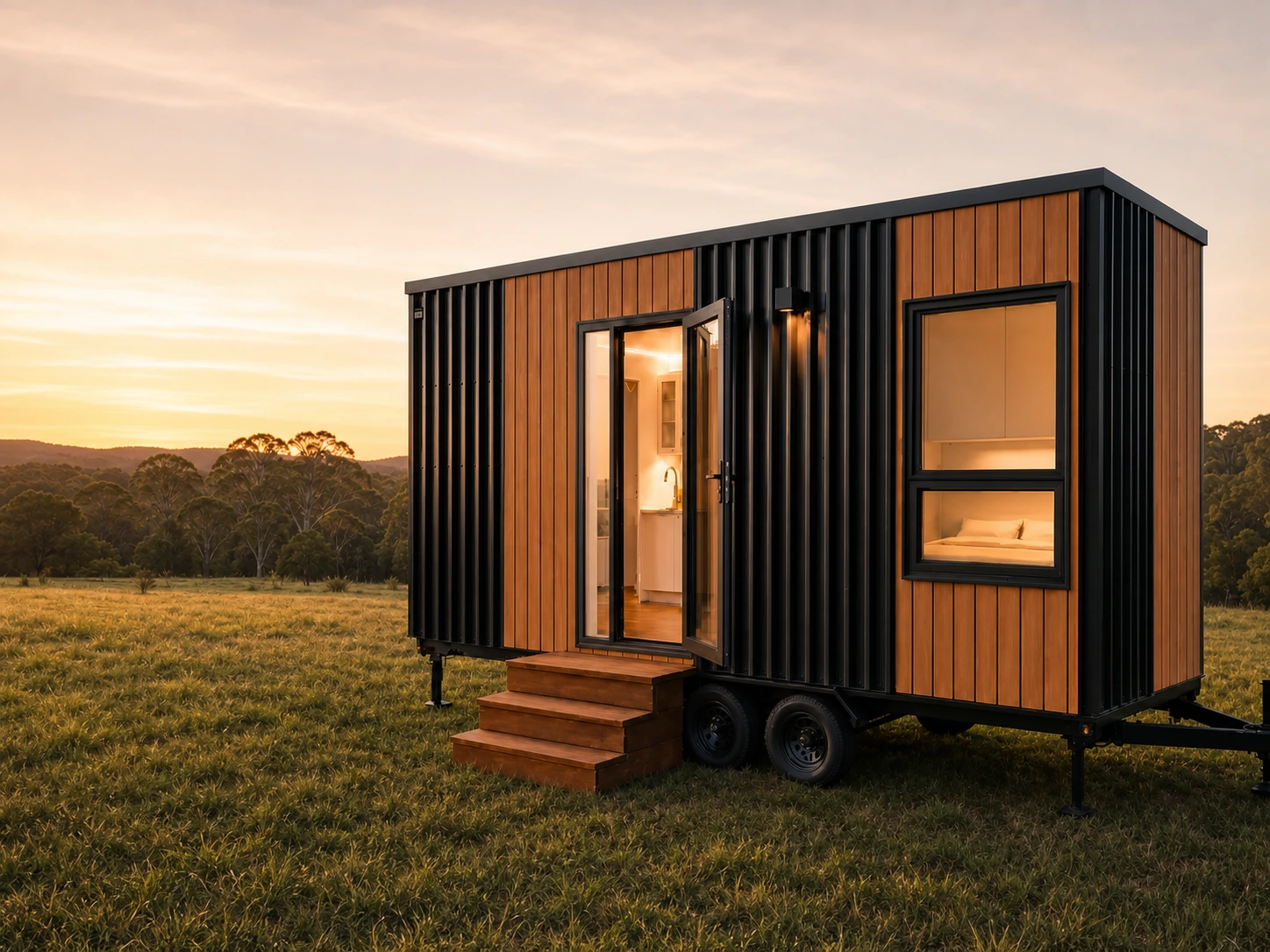 Ember exterior at sunset in a grassy paddock — black corrugated steel and vertical timber cladding, entry door open onto timber steps, lit kitchen and bed visible through the windows, on a tandem-axle trailer.
