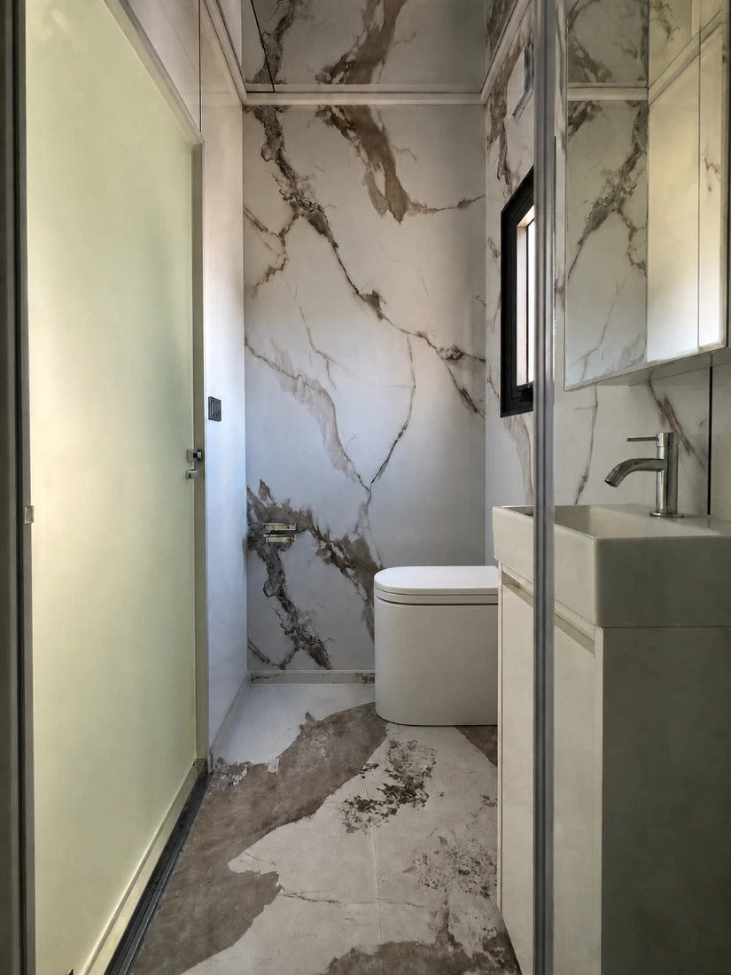 Ember ensuite — marble-lined walls, basin and toilet