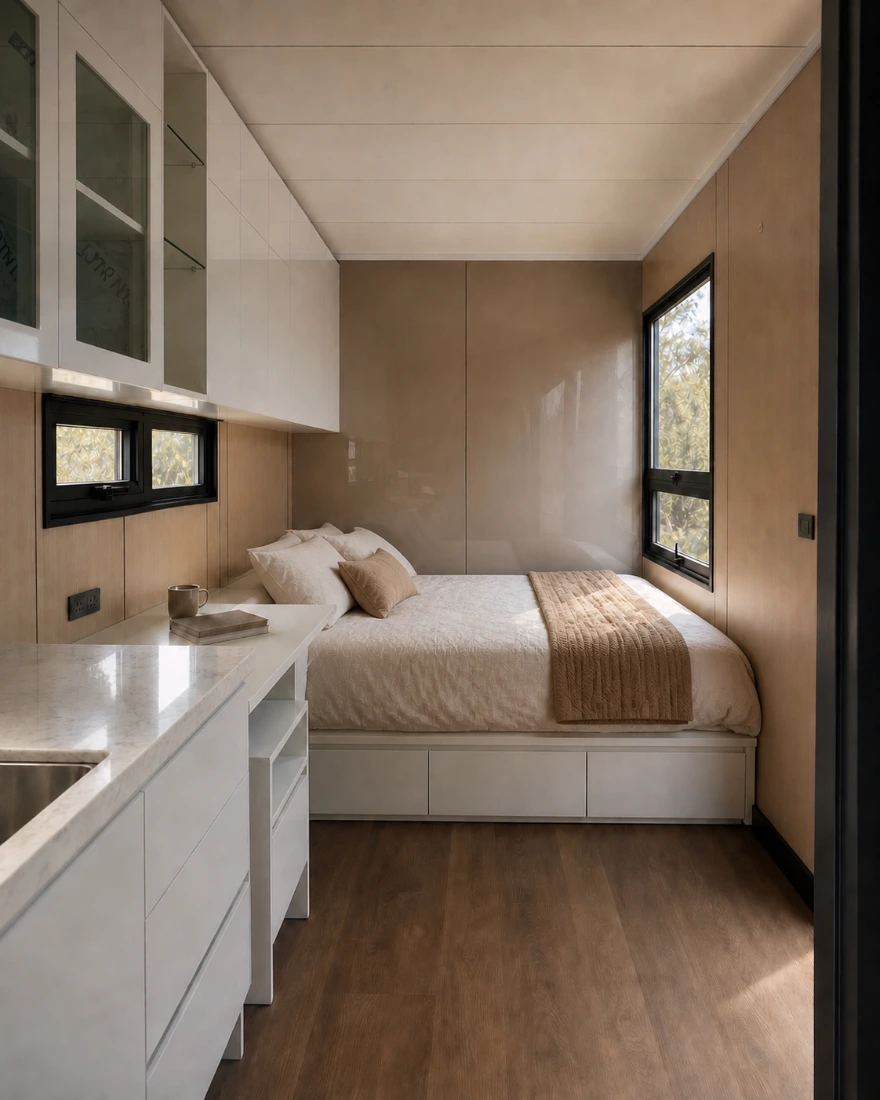 Ember interior — queen bed with under-bed drawers and timber lining
