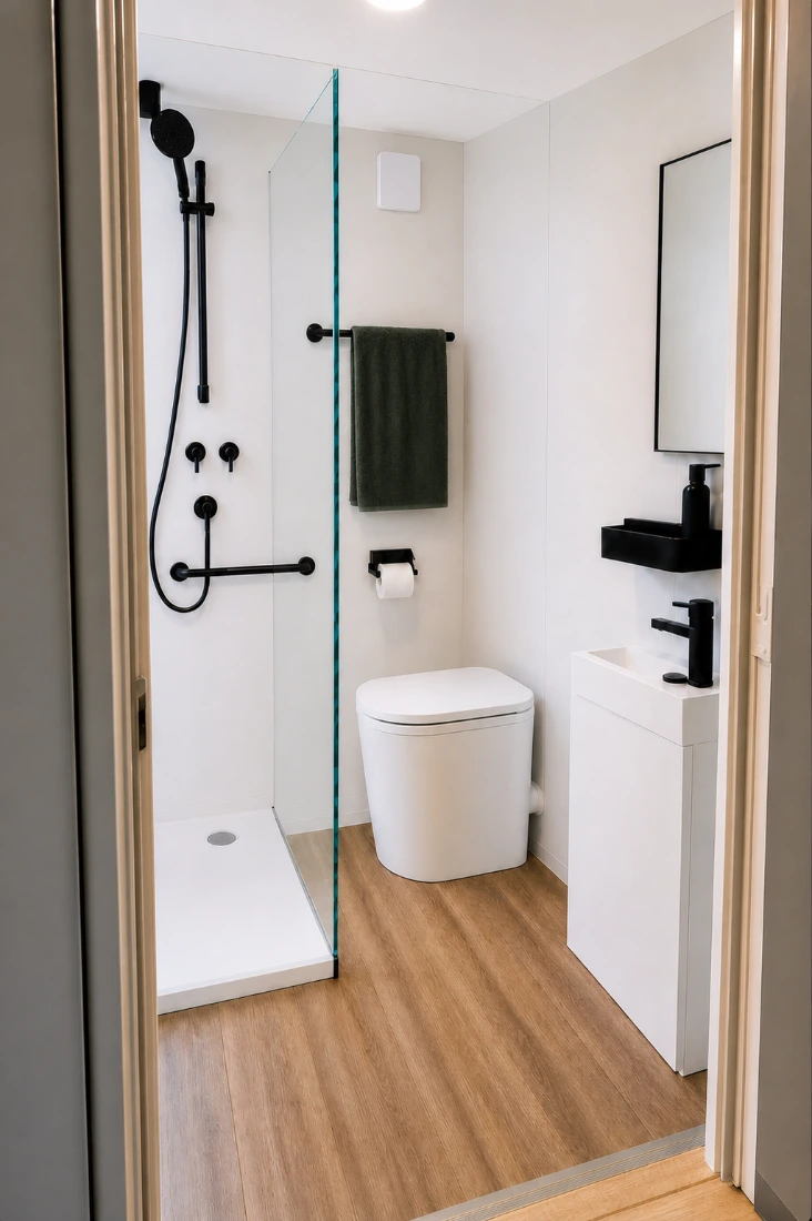 Onyx ensuite: walk-in shower behind a frameless glass screen with matte-black hand shower and grab rail, a dark green towel on a black rail, wall-hung toilet, and a slim white vanity with black mixer and mirror on timber-look flooring