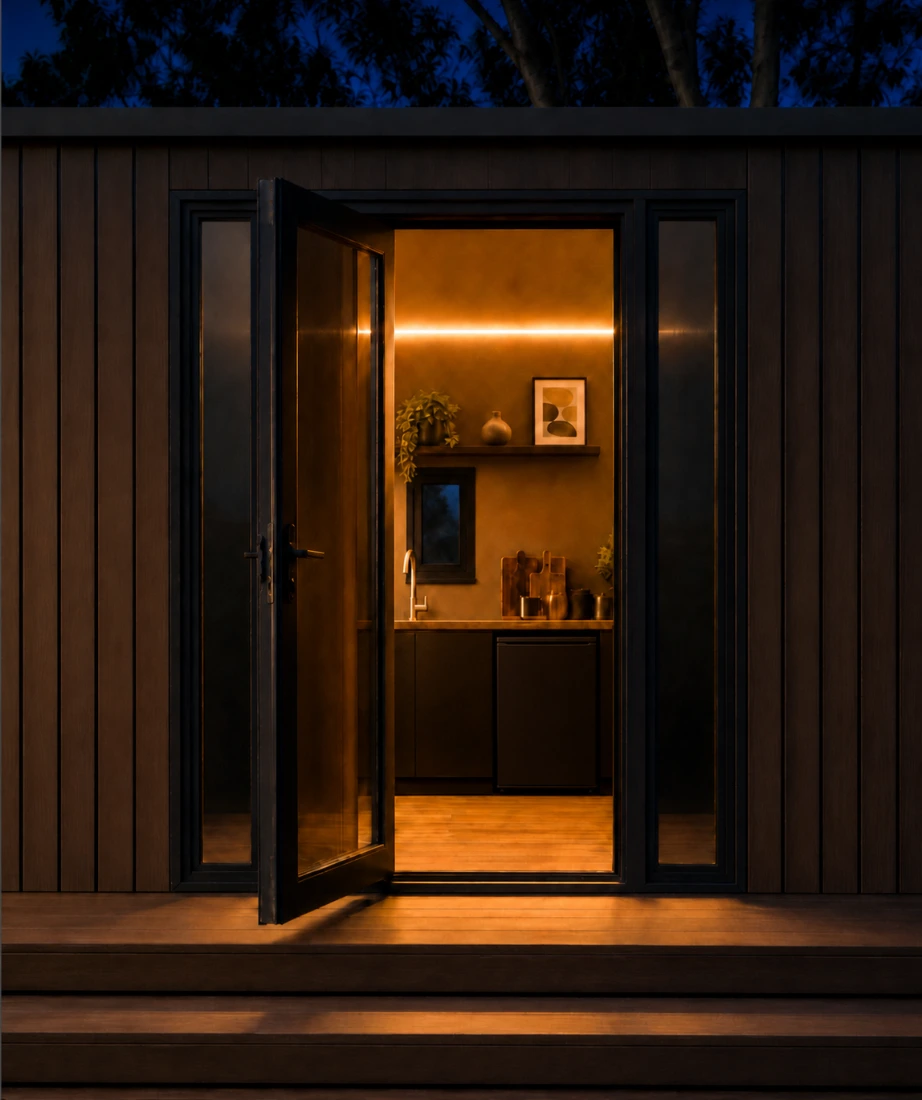 Slate entry at dusk — glass door swung open onto the timber deck and steps, warm strip light over the kitchen bench, shelf, window and under-bench fridge inside, dark vertical timber cladding either side.