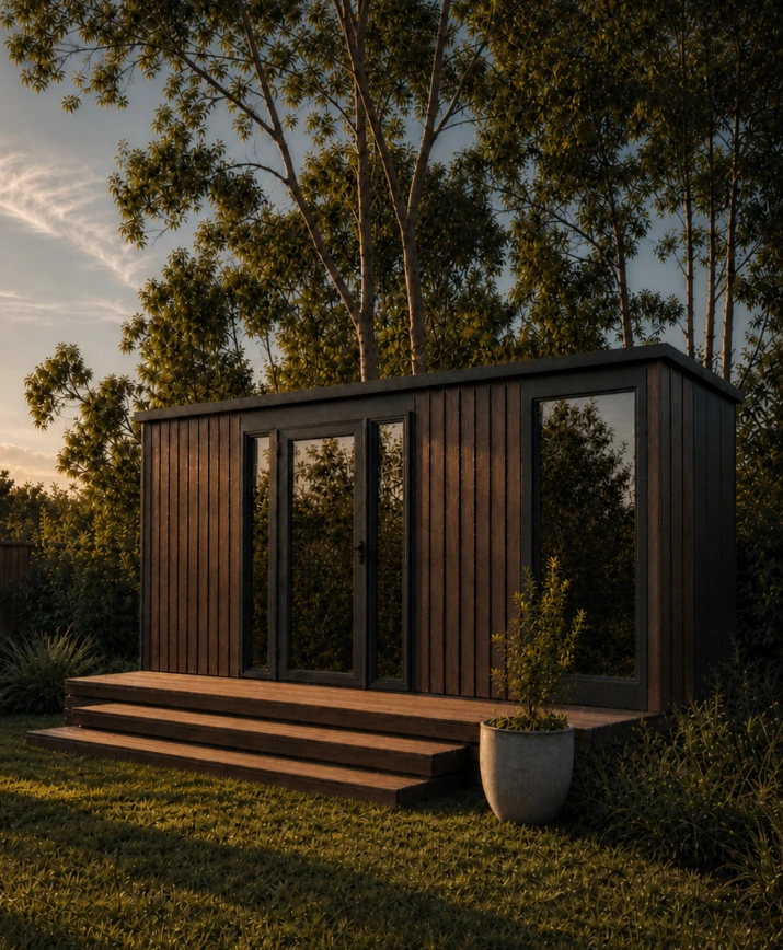 Slate studio pod at golden hour on lawn beneath tall gums — dark vertical timber cladding warm in the low light, charcoal-framed glazing and glass entry doors, timber deck with three steps, potted shrub beside the stairs.