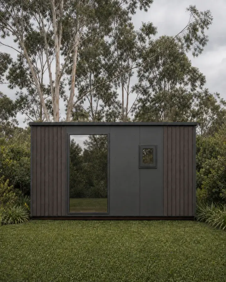 Slate pod rear elevation on lawn under overcast sky — dark vertical cladding with a tall opening framing the trees behind and a small square window to the right.