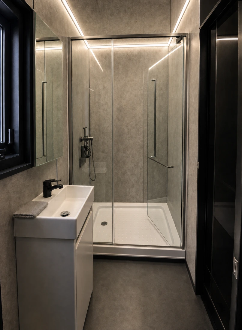 Slate interior — ensuite with glass shower and basin