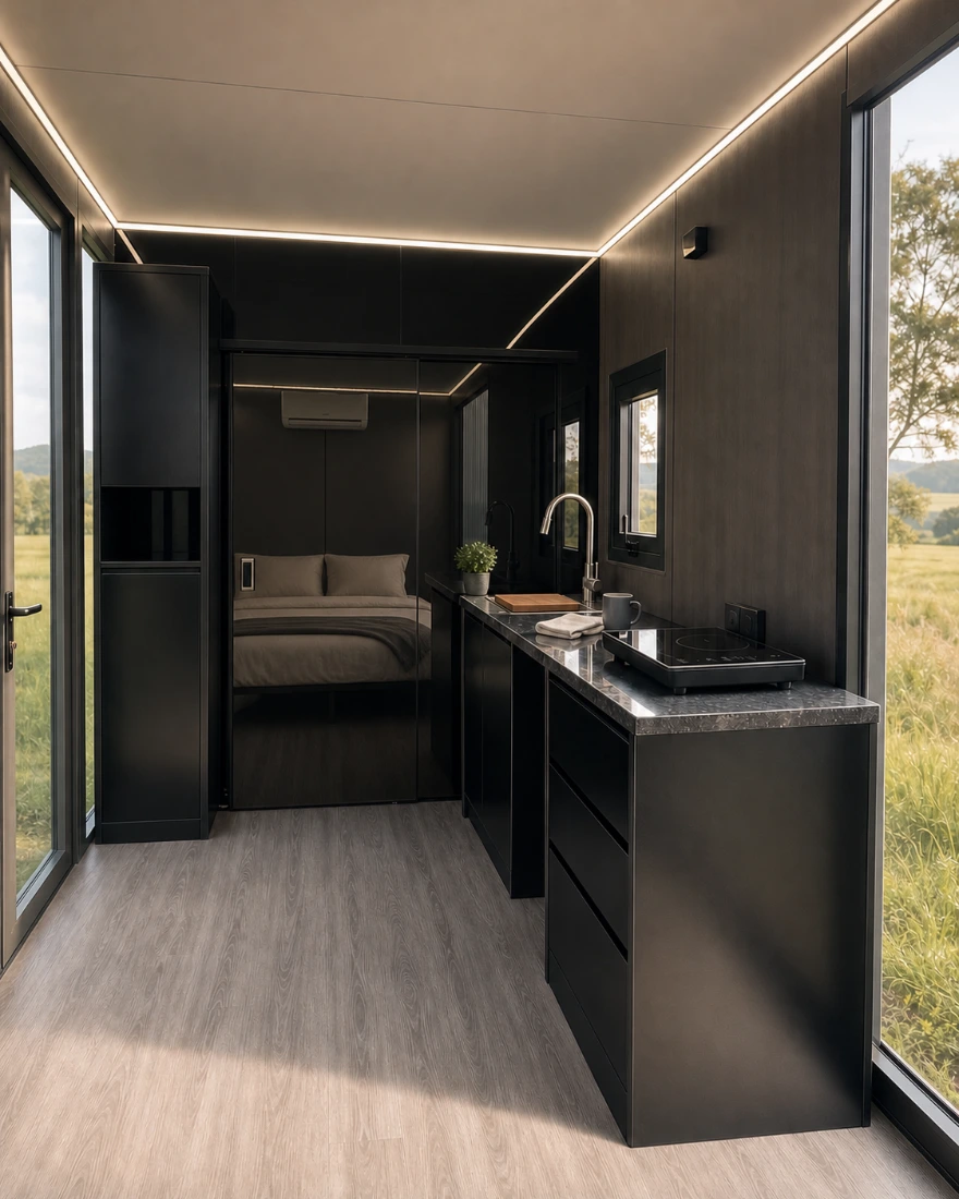 Slate interior — galley kitchen and queen bed